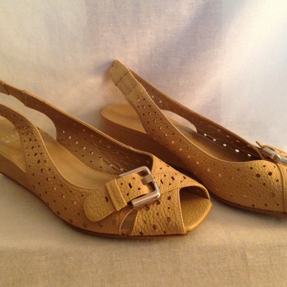 Stuart Weitzman Tan Perforated Wedge Sandal